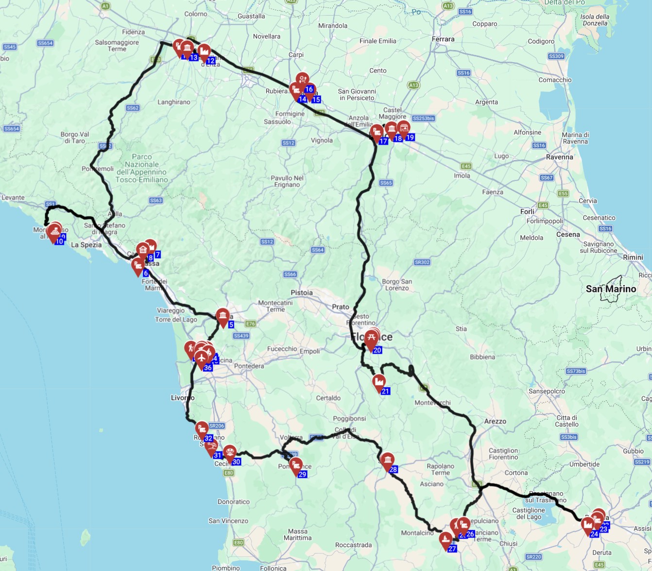Map for טיול משפחתי באיטליה 15 ימים תכנון מסלול מפיזה לבולוניה והשכרת קרוואן